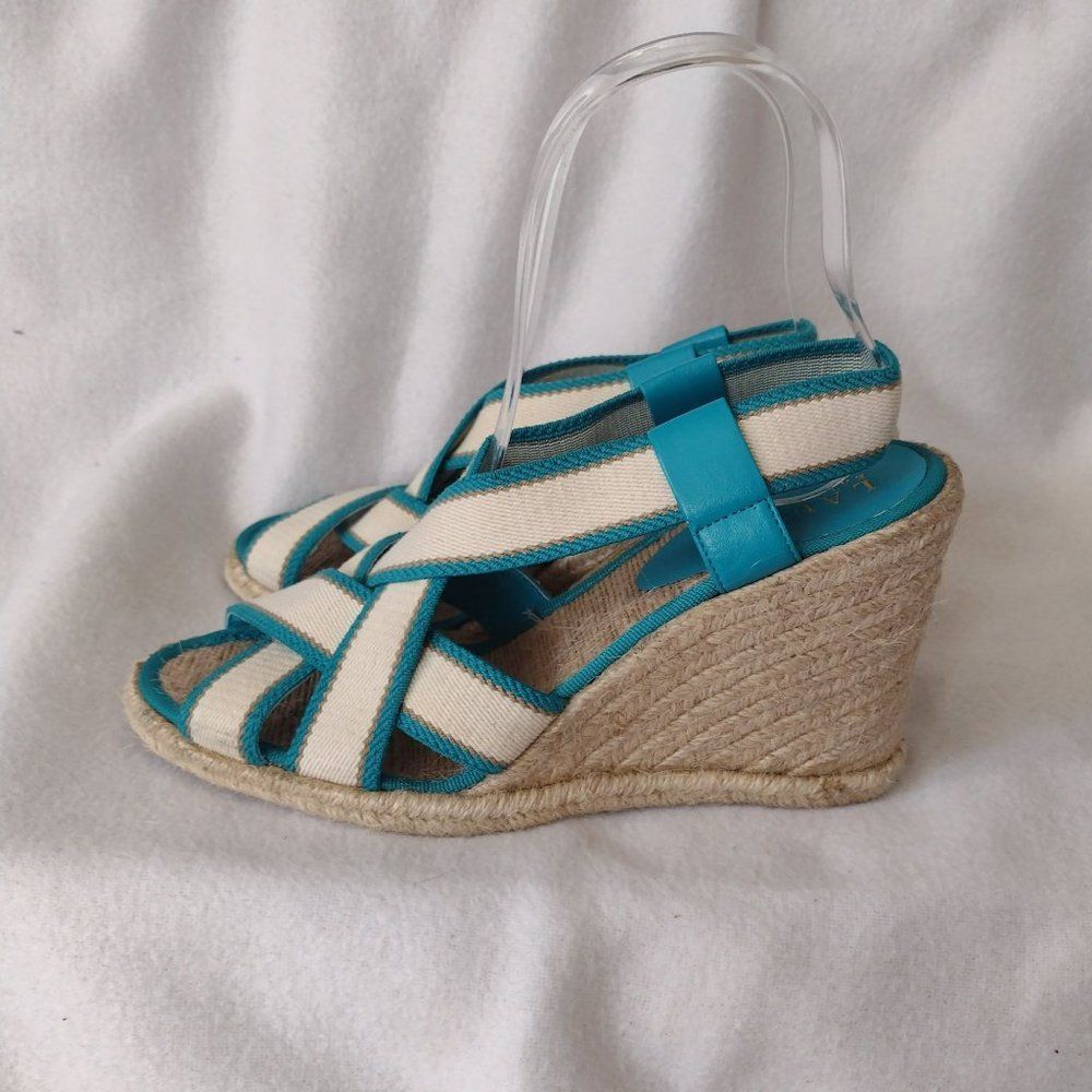 Lauren Ralph Lauren Womens Wedge Sandals 6.5 Ivory Teal Strappy Espadrilles - Picture 4 of 9